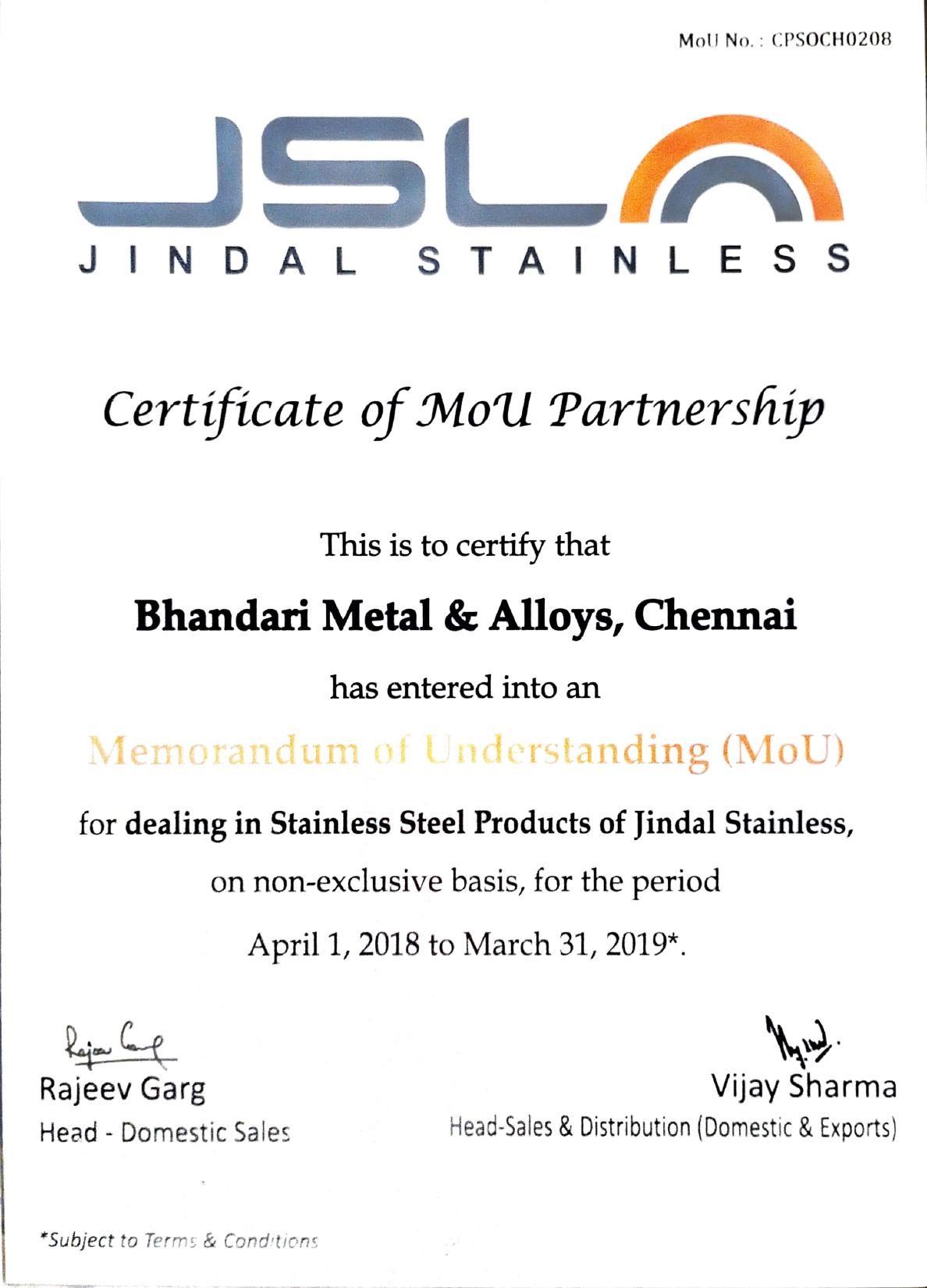 JSL Authorized Partner certificate